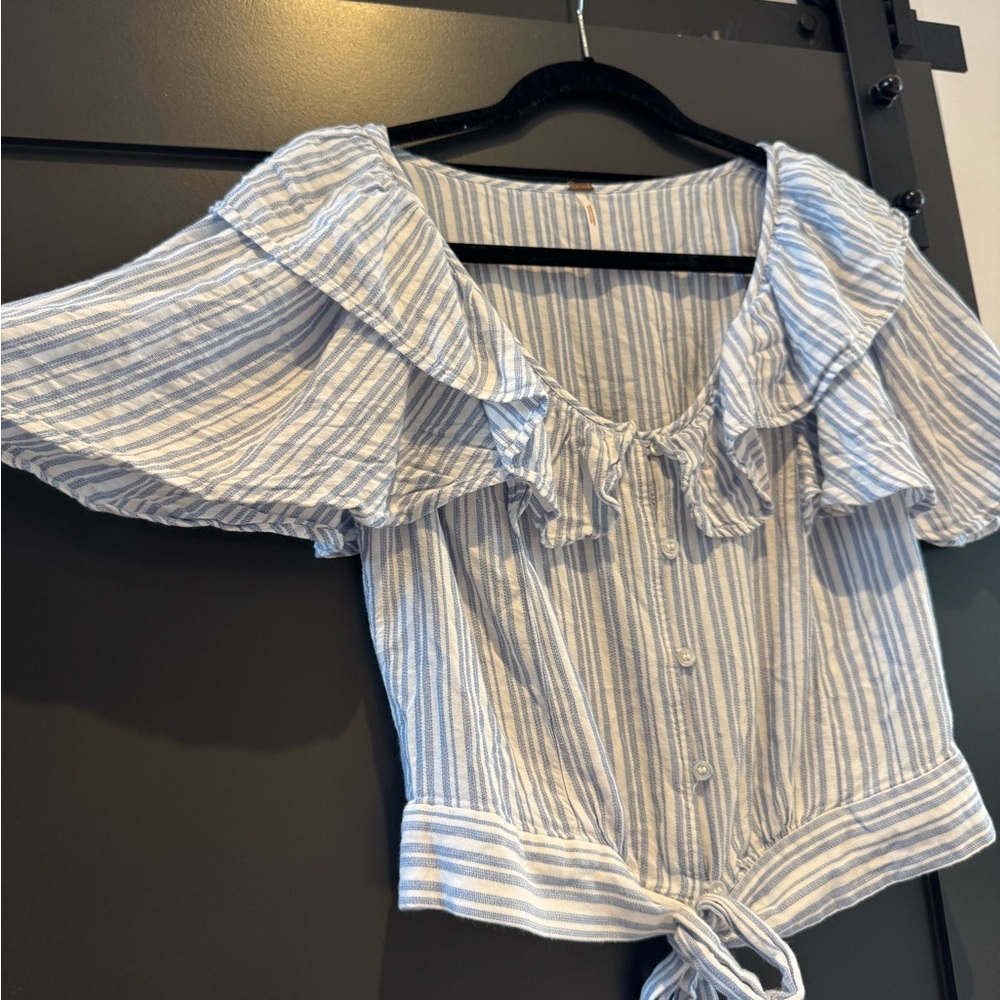 Free People White and Blue Ruffled Blouse
